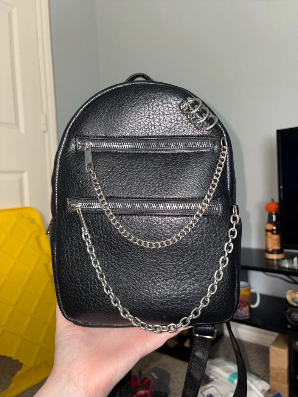 Black Mini Backpack with Silver Chain Detail